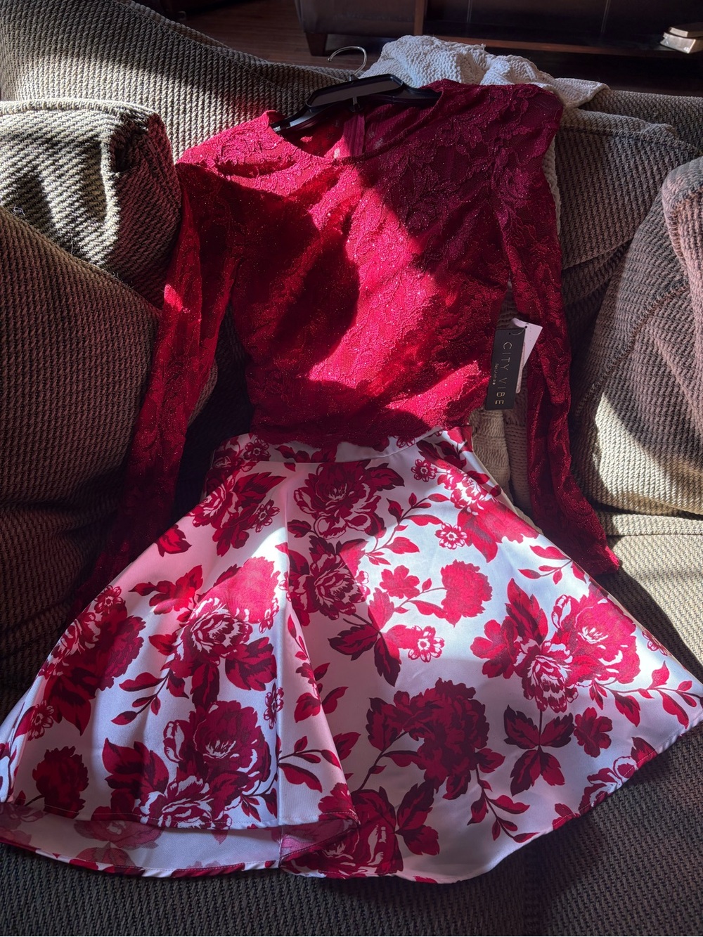 Red Lace Long-Sleeve Crop Top with Red Floral Skirt Prom Dress